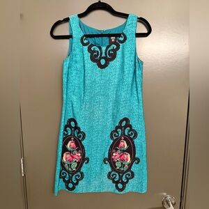 Anna Sui Turquoise Rose Shift Dress Size 0